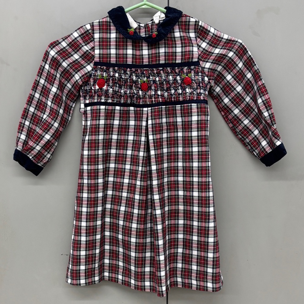 VTG Little Bitty Toddler Girls Smocked Plaid Dress Flowers Corduroy Collar Xmas